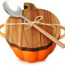 Mimorou 11 oz Pumpkin Pot with Carved Wooden Lid and Spoon Thanksgiving Pumpkin Bowl Orange Cute Cookware Soup Dish Safe Oven Pot with Wooden Lid and Handle for Fall Autumn Cooking Baking
