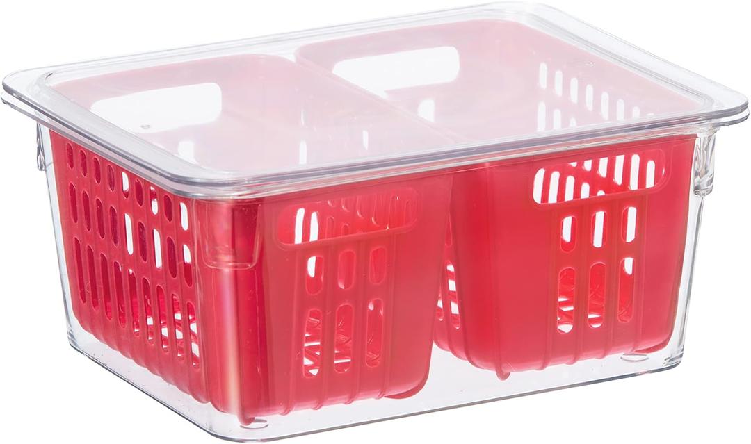 Oggi Berry Container for Fridge - Double Colander Basket - Ideal Berry Containers for Fridge, Includes Berry Colander Insert (8.75" x 6.75" x 3.75"), Red
