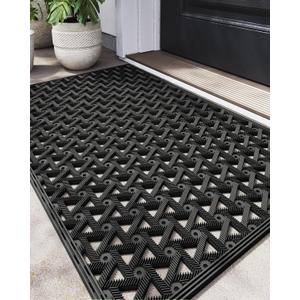 DEXI Front Door Mat Outside Entrance Rubber 19x30, Welcome Floor Doormat Heavy Duty Non Slip, Dirt Trapper Waterproof Exterior Entry Mats All Weather for Patio Entryway Drainage, Black (1'7" x 2'6" (Rectangular))