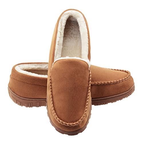 Lulex Moccasins for Men House Slippers Indoor Outdoor Plush Mens Bedroom Shoes with Hard Sole Beige 10 M US