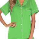Aamikast Button Up Pajama Set for Women Shorts Short Sleeve Knit Sleepwear 2 Pice Pjs Sets (Green, L)