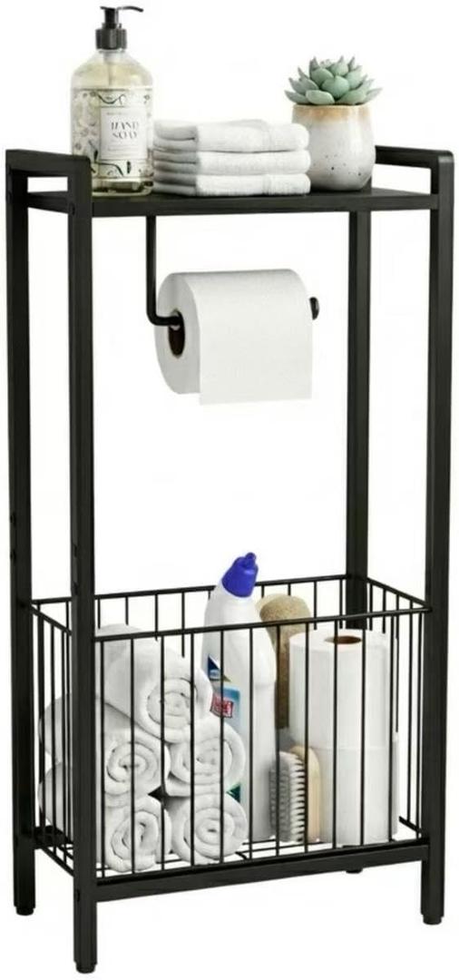 Bathroom Toilet Paper Holder Stand with Storage Basket and Top Shelf, Free-Standing Toilet Tissue Organizer for Small Bathrooms, Metal Toilet Paper Rack with Magazine Holder  Matte Black