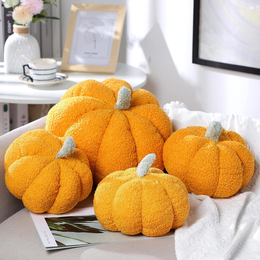 Kajaia 4 Pcs Fall Decor Thanksgiving Pumpkin Throw Pillow Fall Pillow 11 Inches 7 Inches 3D Cushion Thanksgiving Sherpa Plush Fluffy Stuffed for Autumn Christmas Home Sofa(Yellow)