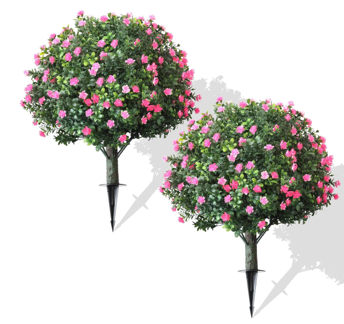 2-Pack Artificial Boxwood Topiary Ball Plant with Pink Flowers, Ground Stake, UV-Resistant Outdoor & Indoor Decorative Flowers