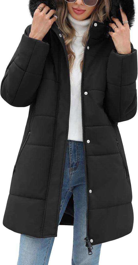 Women's Thicken Puffer Coat Winter Warm Fleece Quilted Jacket Padded Parka Coat with Removable Hood (Black, Small)