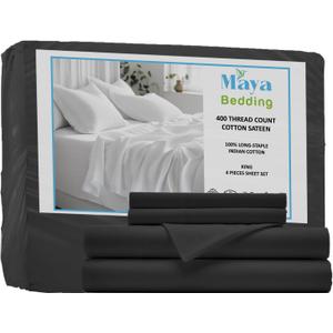 King 100% Cotton Bedsheet Set (4Pcs)-Charcoal Grey- 400 Thread Count Sateen Weave, Snug Bottom Deep Pocket Fitted Sheet, Fade Resistant & Envelope Closure Pillowcases