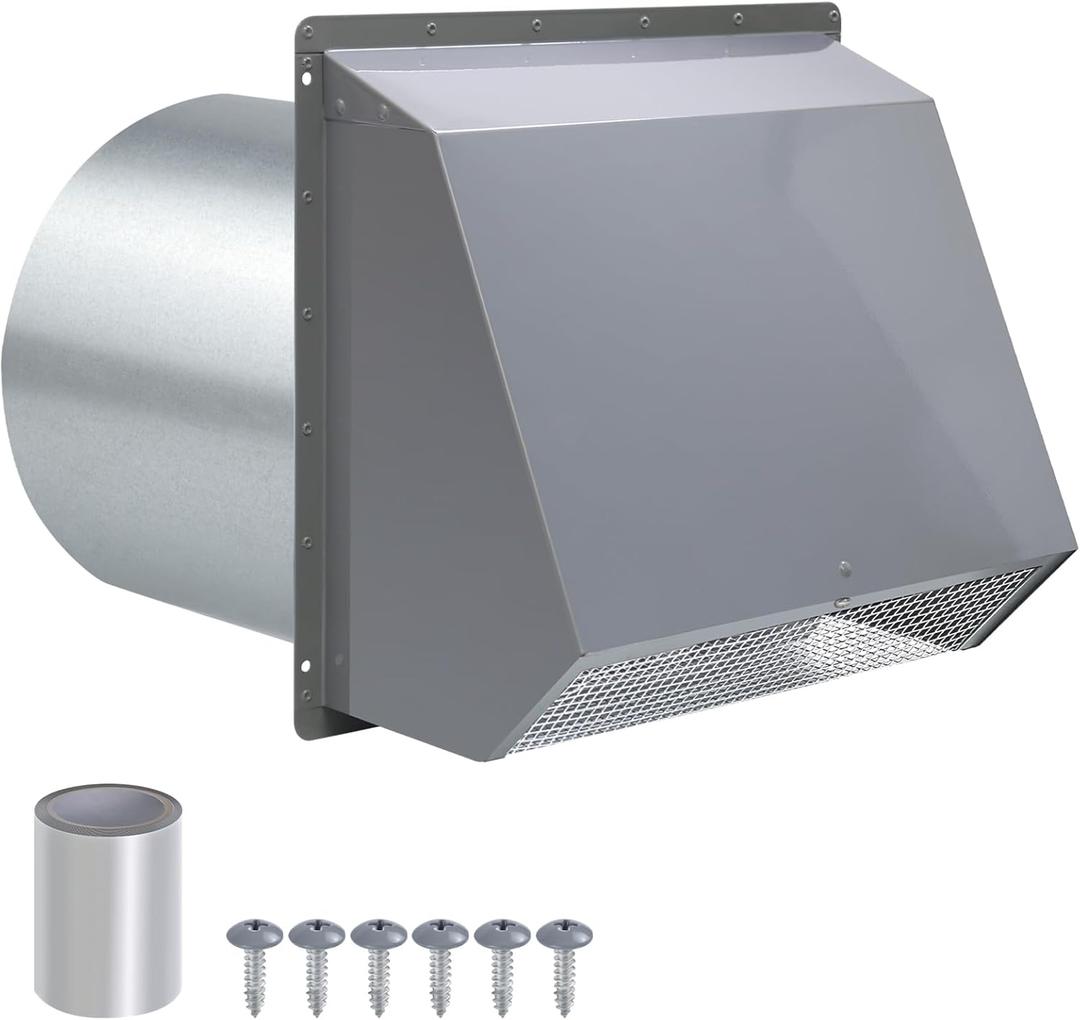 8 Inch Hooded Wall Vent with Screen and Damper, Wall Exhaust Vent Cover Cap for Exterior Ventilation and Outdoor Air Exhaust Kitchen Range Hood Dryer, Galvanized Steel, Gray
