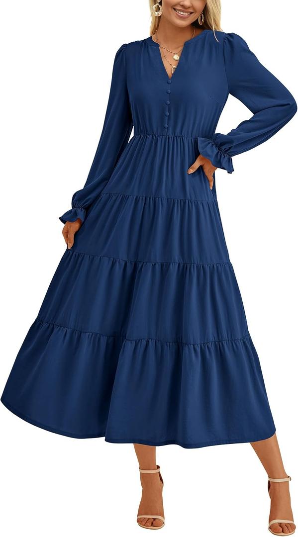 PRETTYGARDEN Long Sleeve Dress for Women Fall V Neck Tiered A Line Spring Elegant Modest Flowy Wedding Guest Maxi Dresses L