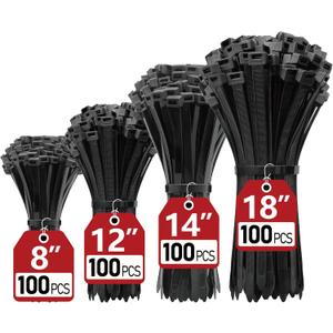 Zip Ties Assorted Sizes(8", 12", 14", 18")- 400 Pack, Zip Ties Heavy Duty with 120 lb Tensile Strength, Black Cable Ties, Wire ties, Paloka