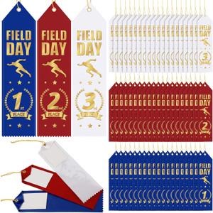 Oudain 72 Pieces Field Day Award Ribbons 1st, 2nd, 3rd Place School Field Day Ribbons with Event Card and Rope Red, Blue, White Student Awards Classroom for Competition Sports Event