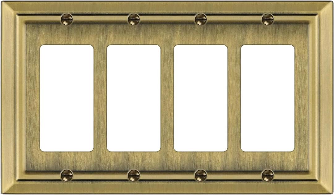 Metal Wall Plate for Electrical Outlets, Decorative Antique Brass Switch Plates Outlet Cover, Light Switch Cover Plate, 4-Gang Wall Plates (Quad Decorator, 1 Pack)