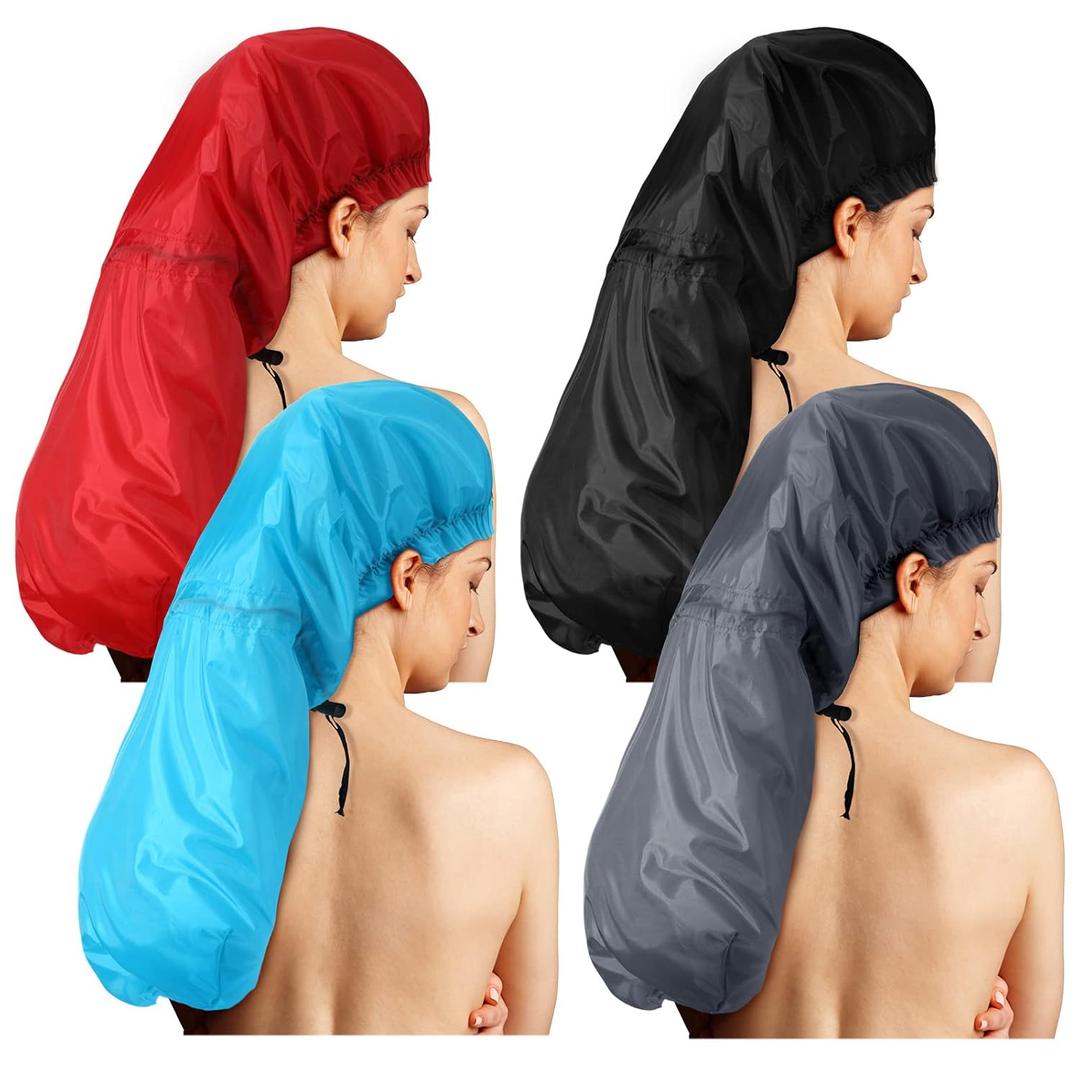Eurzom 4 Pcs Large Shower Cap for Braids Extra Long Shower Cap for Women Long Hair Locs Foldable Waterproof Reusable XL Hair Bonnets for Dreadlocks Drawstring Bath Caps(Red, Blue, Black, Gray)