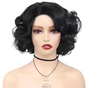 GNIMEGIL GNIMGIL Short Black Curly Wigs For Women Anime Cosplay Wig Natural Hair Synthetic Hair 1920s Carnival Halloween Costume Fancy Dress Up Drag Queen Party Flapper Wig (with Red Bowknot)