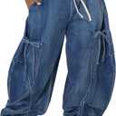 Cargo Jeans for Women High Waisted Drawstring Baggy Jogger Pants Loose Fit Denim Pant Sweatpants (X-Large, 1-blue)