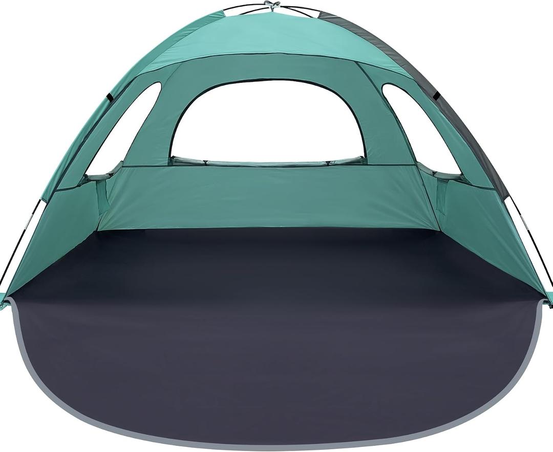 WhiteFang Beach Tent Anti-UV Portable Sun Shade Shelter for 3 Person, Extendable Floor with 3 Ventilating Mesh Windows Plus Carrying Bag, Stakes and Guy Lines (Beach Glass)