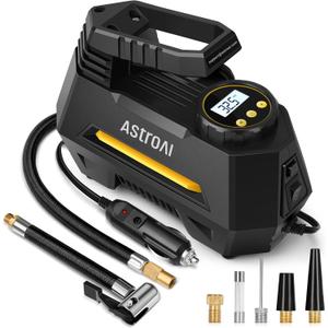 AstroAI Tire Inflator Portable Air Compressor Tire Air Pump for Car Tires - Car Accessories, 12V DC Auto Pump with Digital Pressure Gauge, Emergency LED Light for Bicycle, Balloons, Yellow (Large)