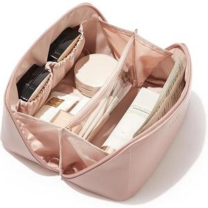 EACHY Travel Makeup Bag,Large Capacity Cosmetic Bags for Women,Waterproof Portable Pouch Open Flat Toiletry Bag Pattern Makeup Bag Pink