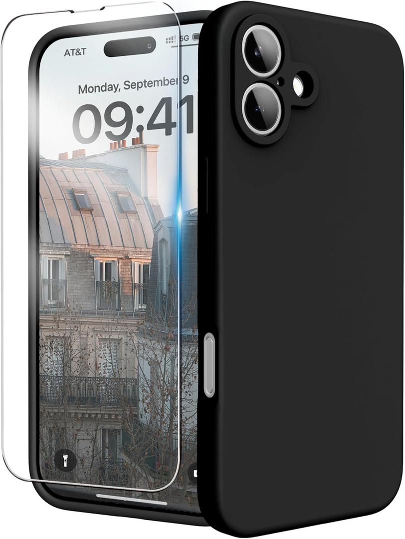 Ingida For iPhone 16 Plus Case, Liquid Silicone Case with Camera Protection Soft Gel Rubber Cover with Microfiber Lining Shockproof Protective Phone Case for iPhone 16 Plus 6.7", Black