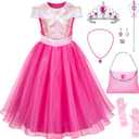 Pink Princess Costume Dress for Girls - Sleeping Beauty Dress with Accessories (10-11 Years)
