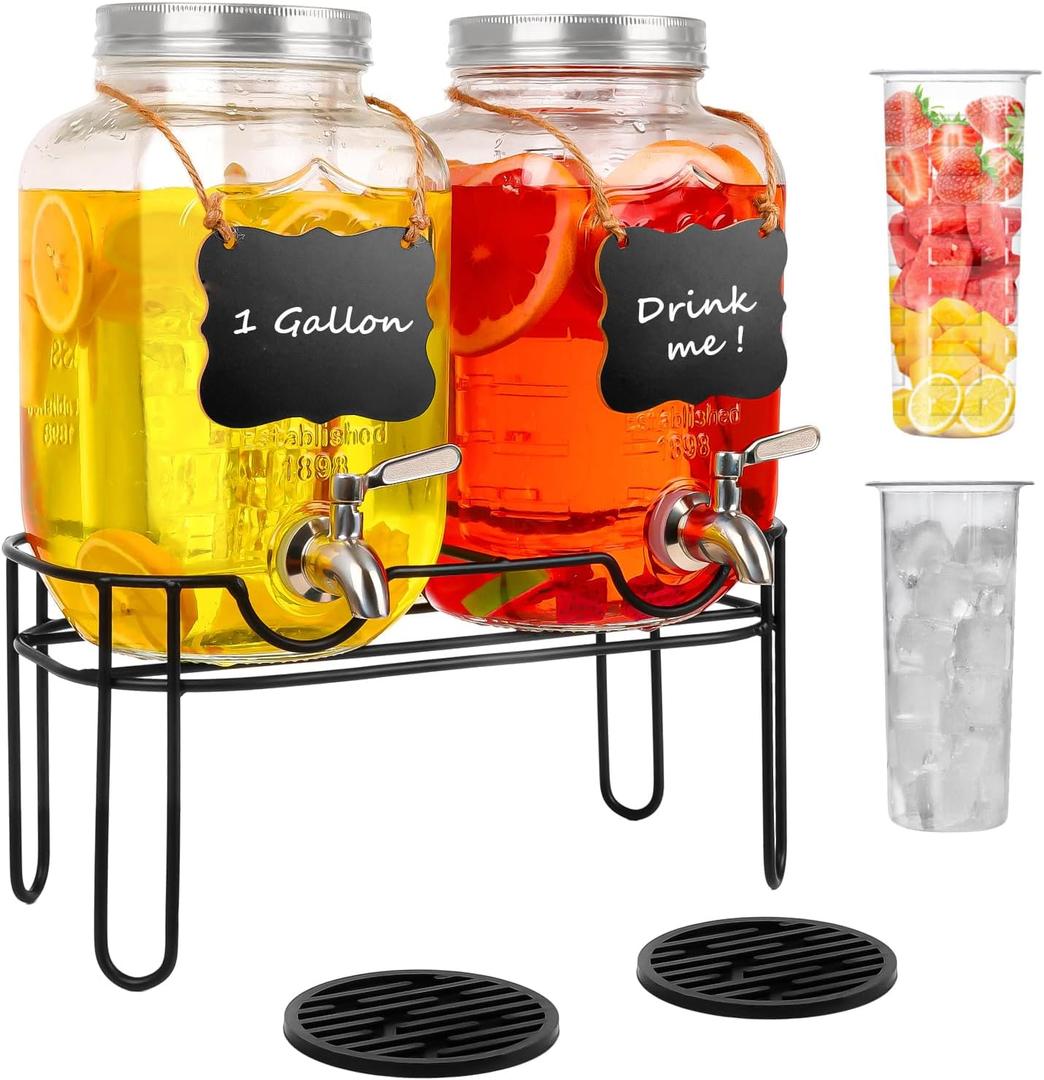 Drink Dispenser (2 Pack) With Metal Stand,Drink Dispensers for Parties,1 Gallon Beverage Dispenser with Stainless Steel Spigot & Lid,Come with Ice Cylinder,Fruit Tube and 2 Rubber Mats
