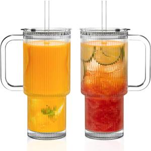 KEMORELA 26oz Ribbed Glass Tumbler with Handle & Lid, 2-Pack Clear large Iced Coffee Cups with Straws, Spill proof Glass Mug for Cold & Hot Beverages, Travel Cup for Smoothies, Tea, and Juice