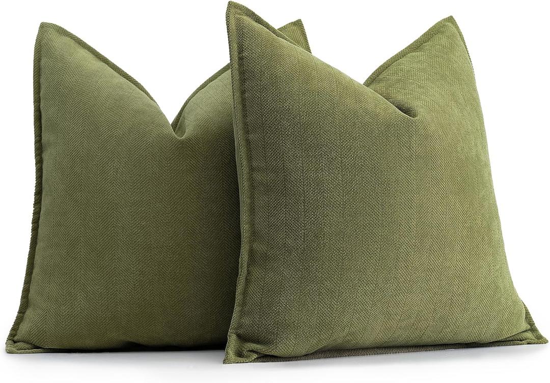 ZWJD Olive Green Pillow Covers 18x18 Set of 2 Chenille Throw Pillow Covers with Elegant Design Soft and Luxurious Decorative Throw Pillows for Couch, Bed, and Home Decor
