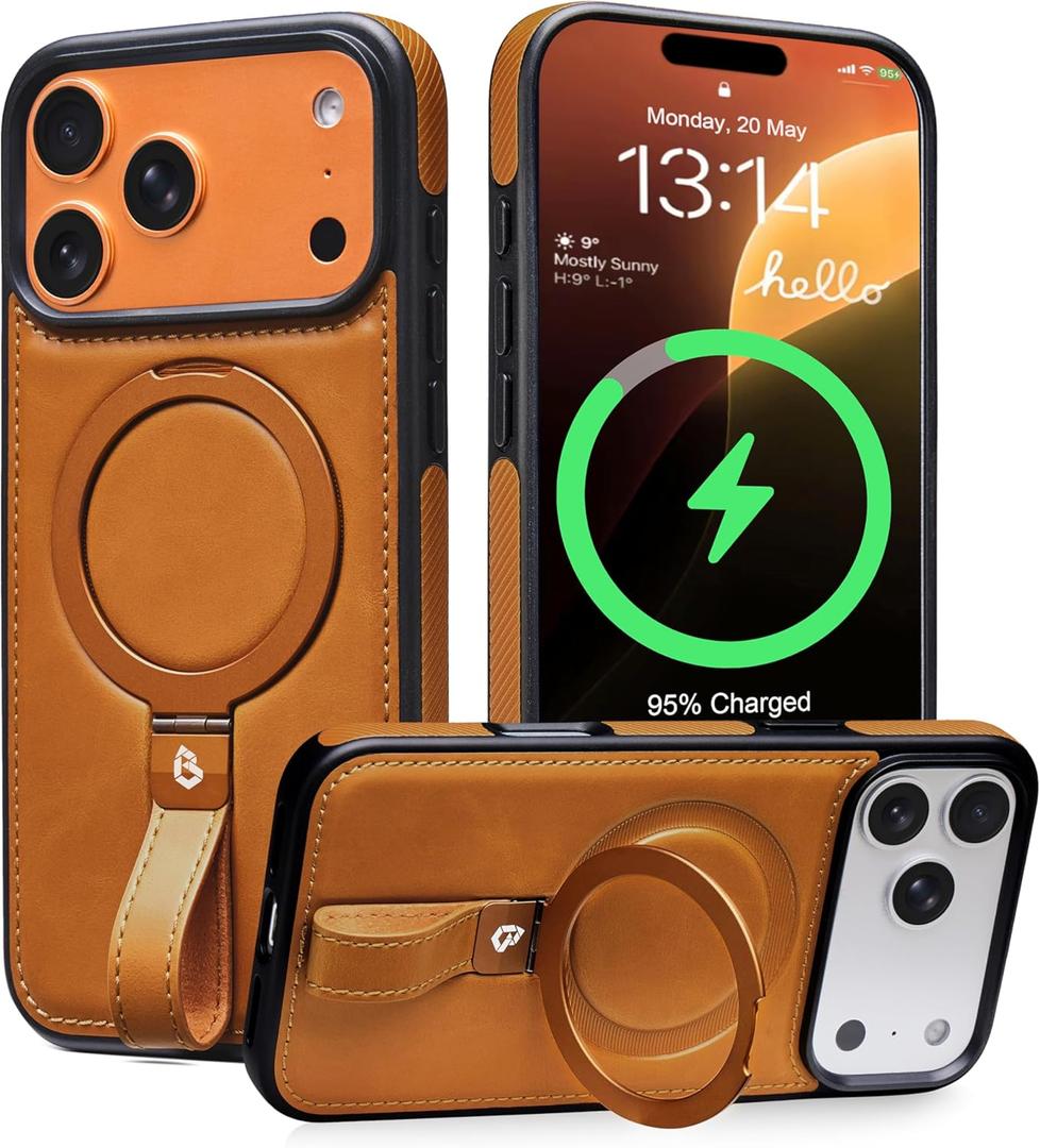 Butaiga for iPhone 17 Pro Max Leather Case with Stand, Anti-Slip Grip Ring, Fits for MagSafe (Brown, iPhone 17 Pro Max)