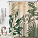 Ruelvth Sage Green Leaves Shower Curtain, Mid Century Boho Sunrise Shower Curtain for Bathroom Waterproof Abstract Arch Bathroom Curtain Set with Hooks, 72x72 Inch