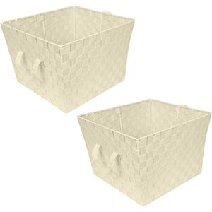 Simplify Large Woven Strap Tote | Decorative Storage Basket | 2 Handles | Organization | Closet | Bedroom | Bathroom | Nursery | Accessories | Toys | Gifts | 2 Pack | Ivory