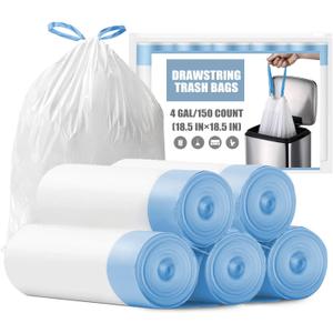 Small Trash Bags 4 Gallon - 150 Count Drawstring 4 Gallon Trash Bag, Tear-Free 4 Gal Small Garbage Bags for Office Bedroom Bathroom Trash Bags, Unscented White 4 Gal Trash Can Liners