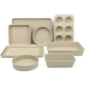 Martha Stewart Gallen 10 Piece Baking Pans Ceramic PFA Free Non Toxic Non Stick Bakeware Set - Taupe