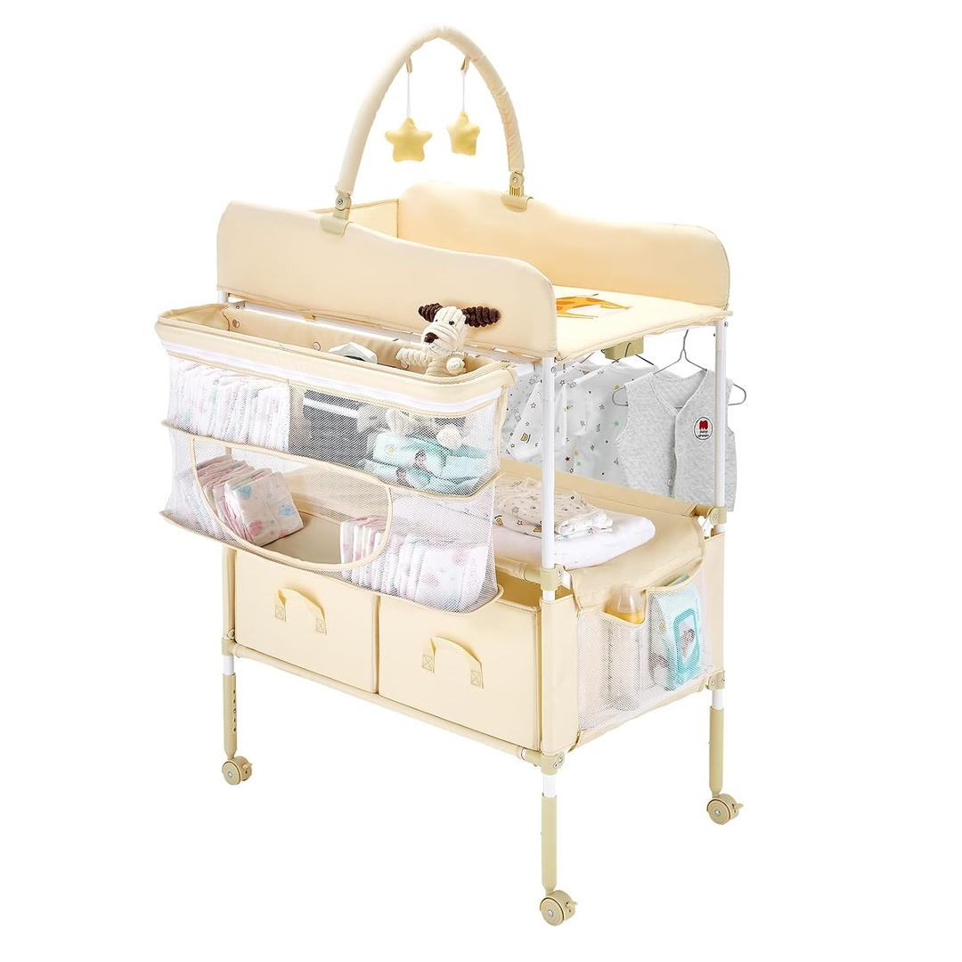 VEVOR Baby Changing Table, Adjustable Height Diaper Change Station with 2 Fabric Drawers, Side Basket and Hanging Rod, Foldable Changing Table with Lockable Wheels and 2 Star Toys, Light Beige