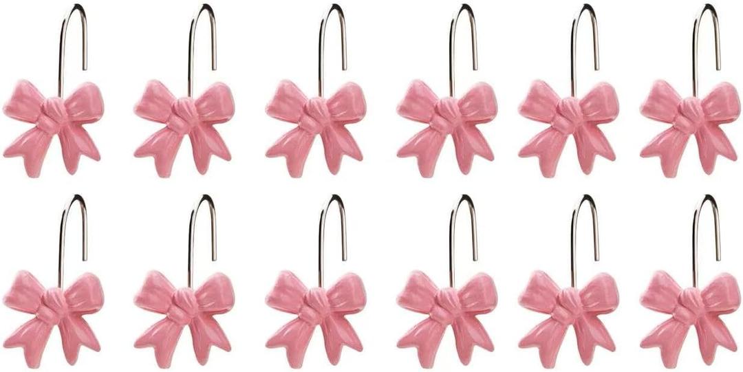 12PCS Pink Bow Knot Shower Curtain HooksRustproof Metal Shower Curtain Rings, Decorative Bathroom Accessories Set for Bathroom Bedroom Living Room Art Decor (Pink)