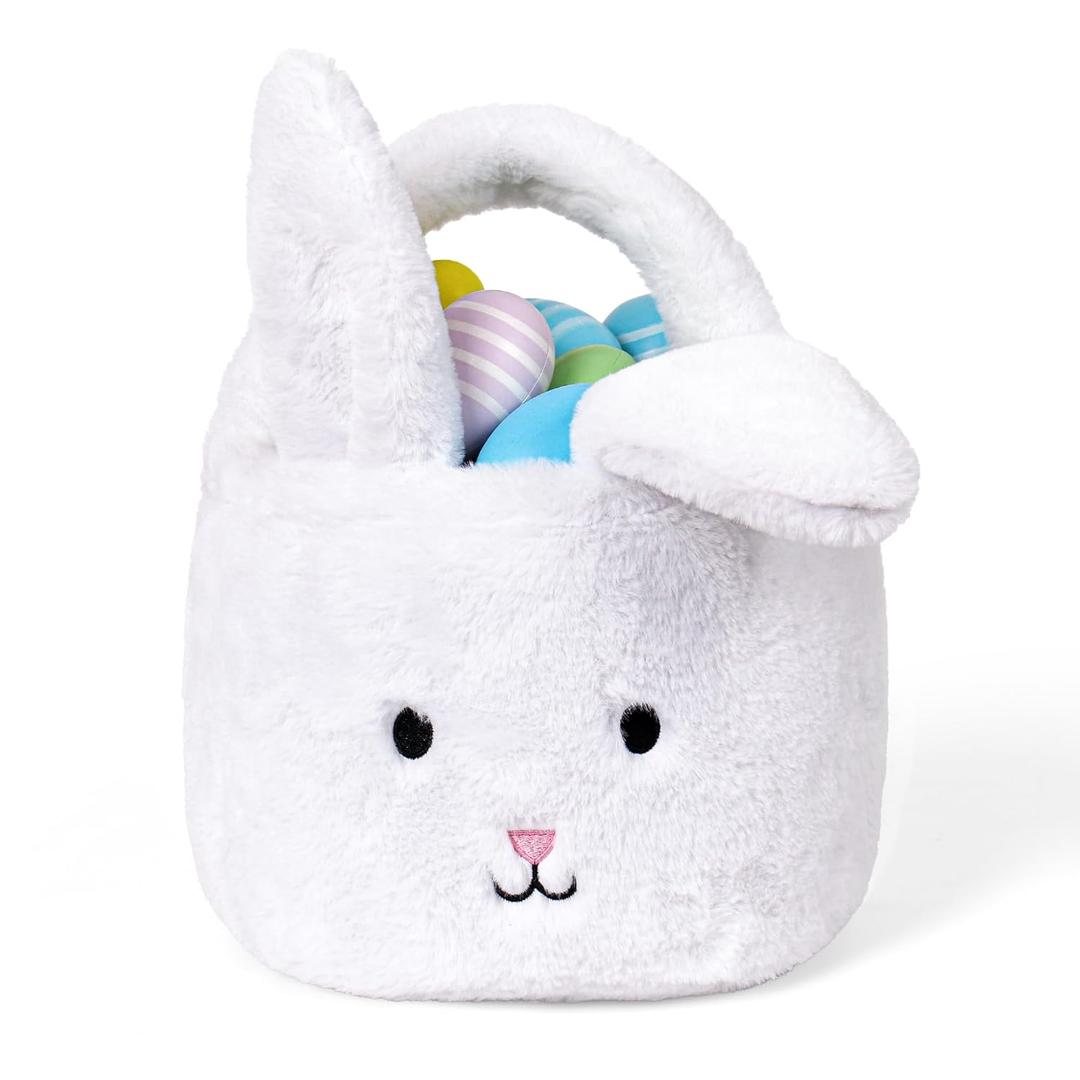 Easter Baskets for Kids,Plush Egg Hunting Easter Buckets with Handle Folded Ears, Gifts Boys Girls (White)
