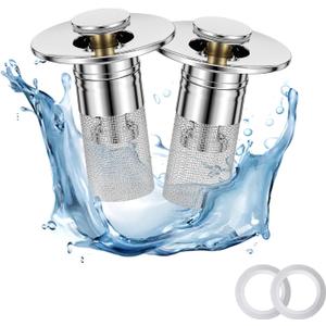 Pop Up Sink Drain Strainer, Bathroom Sink Drain Stopper with Removable Stainless Steel Drain Hair Catcher Basket, Universal Bathroom Sink Stopper Replacement, Drain Plug Filter (2PCS)