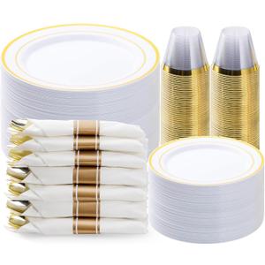 BESTVIP 350PCS Gold Plastic Dinnerware Set, Disposable Party Plates for 50 Guests, Include: 100 Plastic Plates, 50 Pre Rolled Napkins with Gold Silverware, 50 Cups