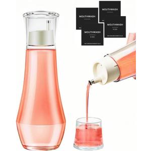 Glass Mouthwash Dispenser for Bathroom, Refillable Cystal Mouth Wash Bottle with Lid Cup 260ML Lead-Free Thickened Glass Dispenser Leak-Proof Design with 4 Matte Labels Multi-Purpose- 8.8oz