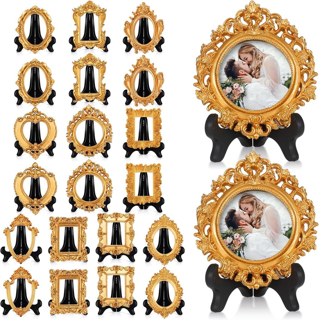 Tatuo 40 Pcs Mini Picture Frames and Display Stands Vintage Resin Picture Frame Resin Holder for Home Office Bedroom Living Room Wedding Decor (Gold)