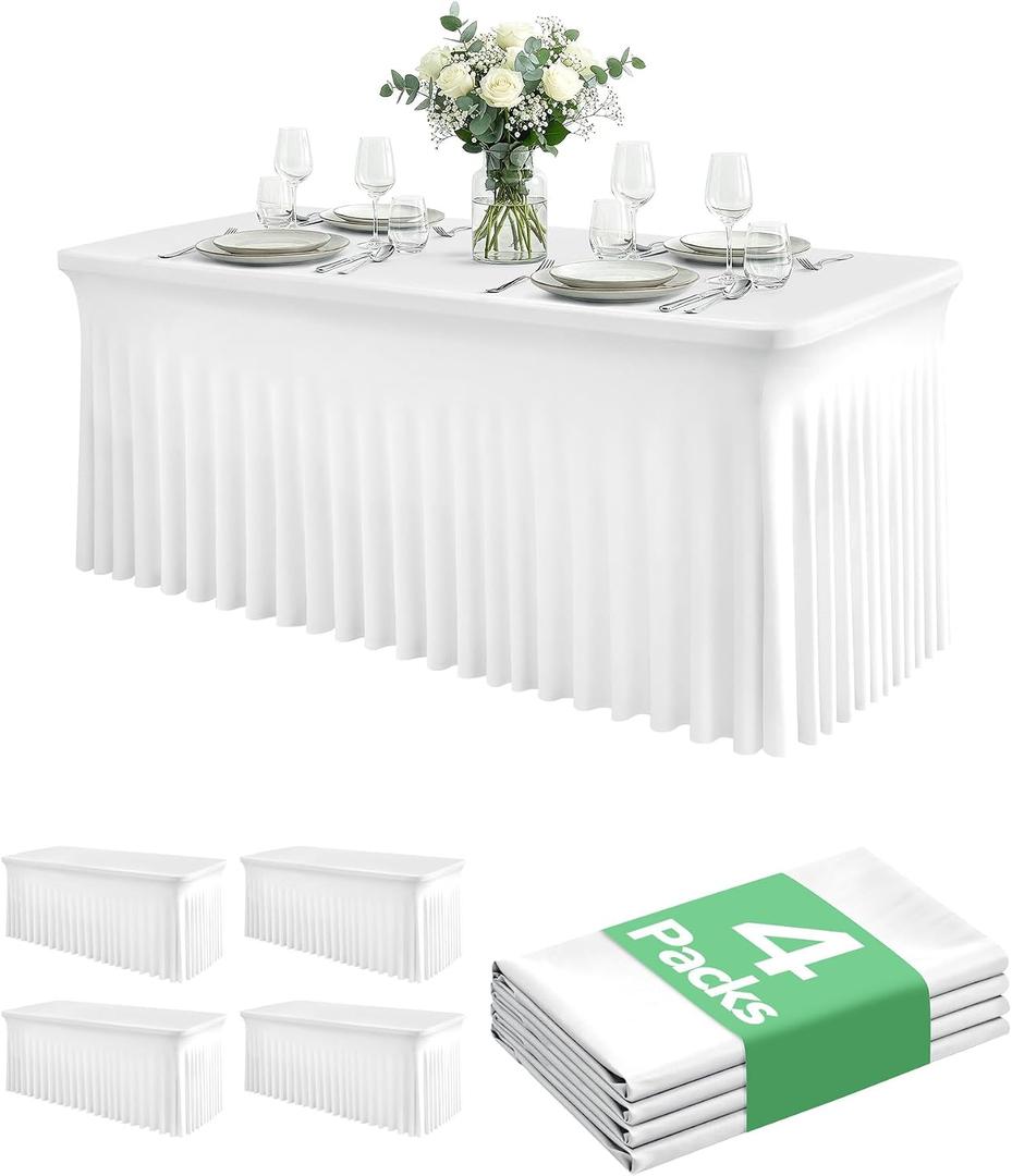 4 Pack Spandex Table Cover Skirts for 8ft Rectangle Tables, White Stretch Table Cloths with Floor-Length Ruffle, Elastic Fitted Skirted Tablecloth for Elegant Wedding Banquet Party Buffet Decoration