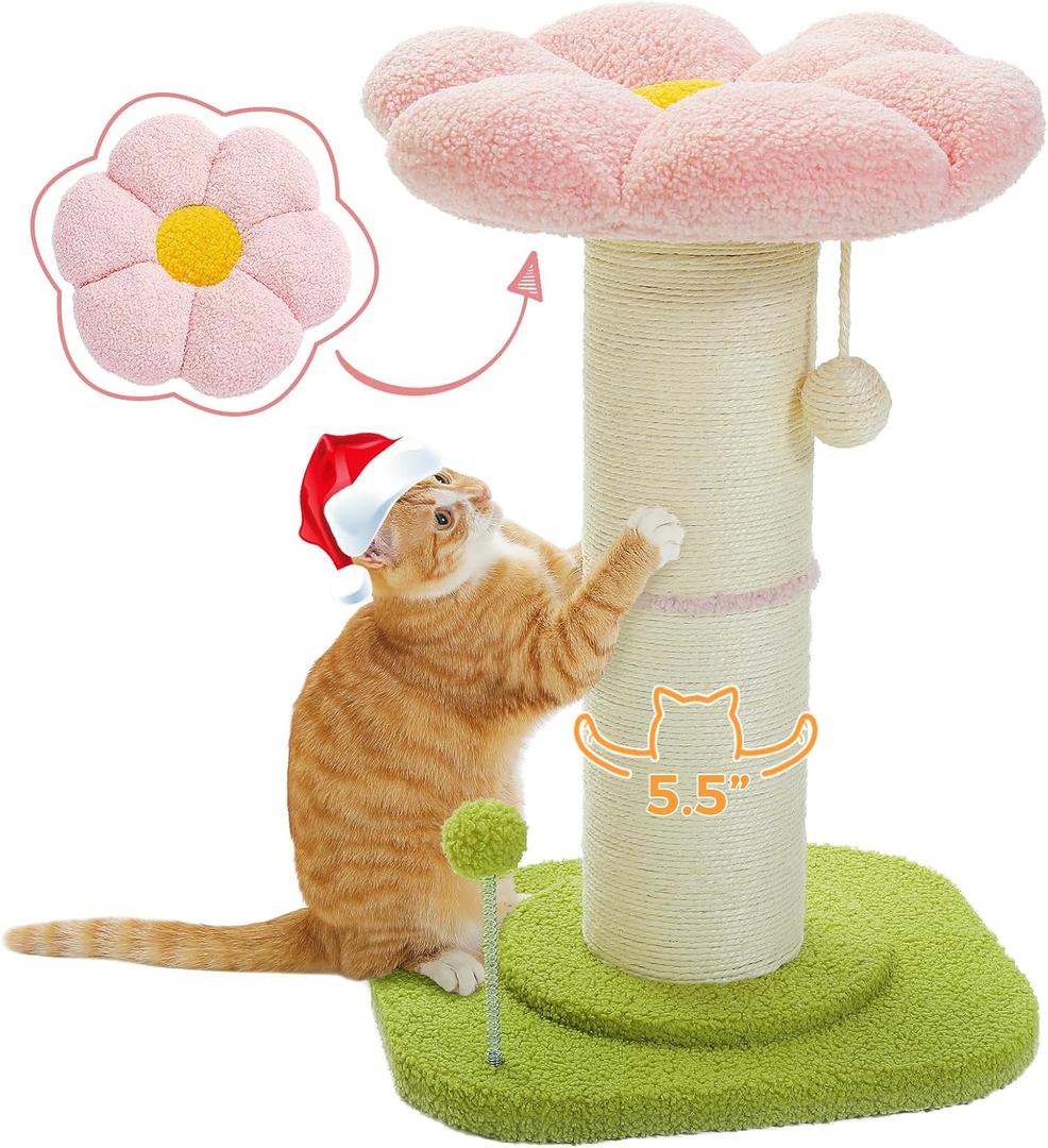 PEQULTI Flower Cat Scratching Post, Small Cat Tree, Scratcher for Indoor Cats with Super Thick Scratching Post [Dia=5.5''], Removable Flower Bed, Cat Scratch Post with Spring Ball, Pink