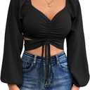 Rooscier Women's Drawstring V Neck Ruched Lantern Long Sleeve Tie Back Crop Top Blouse