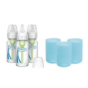 Dr. Brown's Anti-Colic Options+ Narrow Glass Baby Bottles 4 oz/120 mL, with Level 1 Slow Flow Nipple, 3 Pack 0m+ with Blue 100% Silicone Sleeves, BPA-Free