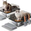 2 Pack Stainless Steel Litter Box - XL Extra Large Metal Cat Litter Box with Scoop & Pedal for Big Cats and Multi-Cats, Angled Entrance Design, Anti-Urine Leakage, Non-Stick Bottom