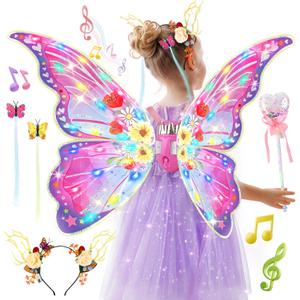 SMILESSKIDDO Electric Butterfly Wings - Princess Dress up Costume and Light Up Fairy Wings with LED Lights & Music, Cosplay Skirt/Headband/Wand, Halloween for Girls, Kids