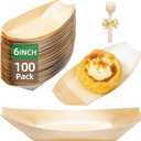 100-Pack Wooden Disposable Plates 6 IN Boat Plates Food Trays Disposable Dessert Plates Disposable Food Boats for Party Weddings Picnic (Actual Size Used: 3.39" D x 1.97" W x 0.63" H)
