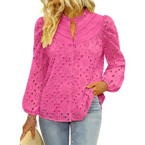 BETTE BOUTIK Women's Long Short Sleeve Tops 2025 Dressy Casual Button Hollow Out Lace Embroidered Blouses Shirts (Pink)