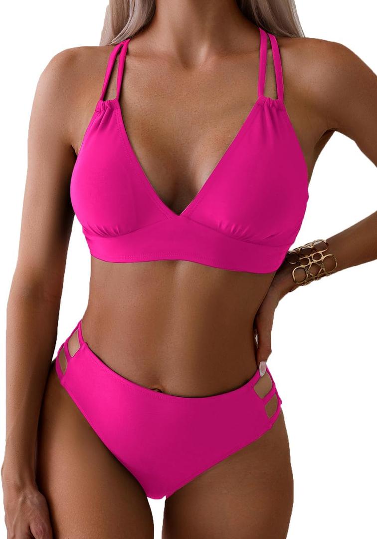 Tainehs Women's Push Up V Neck Bikini Sets Criss Cross Back Two Piece Bathing Suit (Large, Hot Pink)