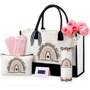 Geiserailie 8 Pcs Christmas Occupational Therapist Gifts for Women Including Large Tote Bag Cosmetic Bags Tumbler Cup Plush Socks Metal Keychain Card and Envelope for Christmas OT Thank You Gifts