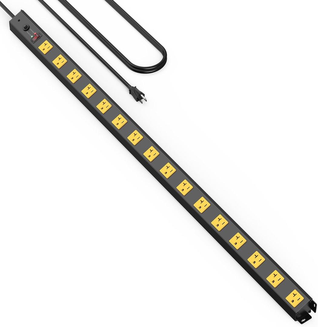 16 Outlet Long Power Strip, 12 Gauge Extension Cord. Yellow, 6FT.