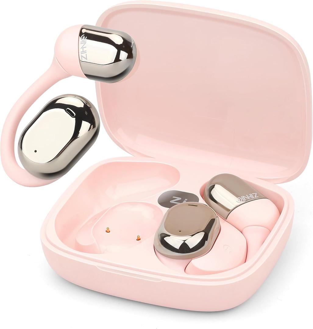 ZIHNIC Open-Ear Wireless Bluetooth Headphones with Mic, Comfortable Ear Hooks, 28H Battery, IPX5 Waterproof, Compatible with Phone, Android Phone-Pink